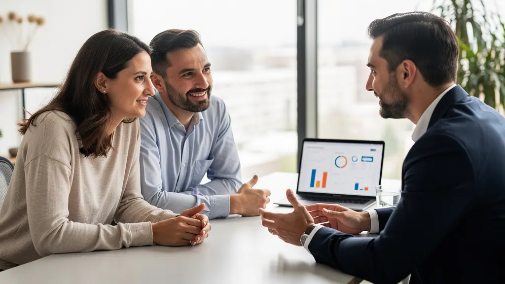 Couple trentenaire discutant avec un conseiller crédit immobilier dans un bureau lumineux