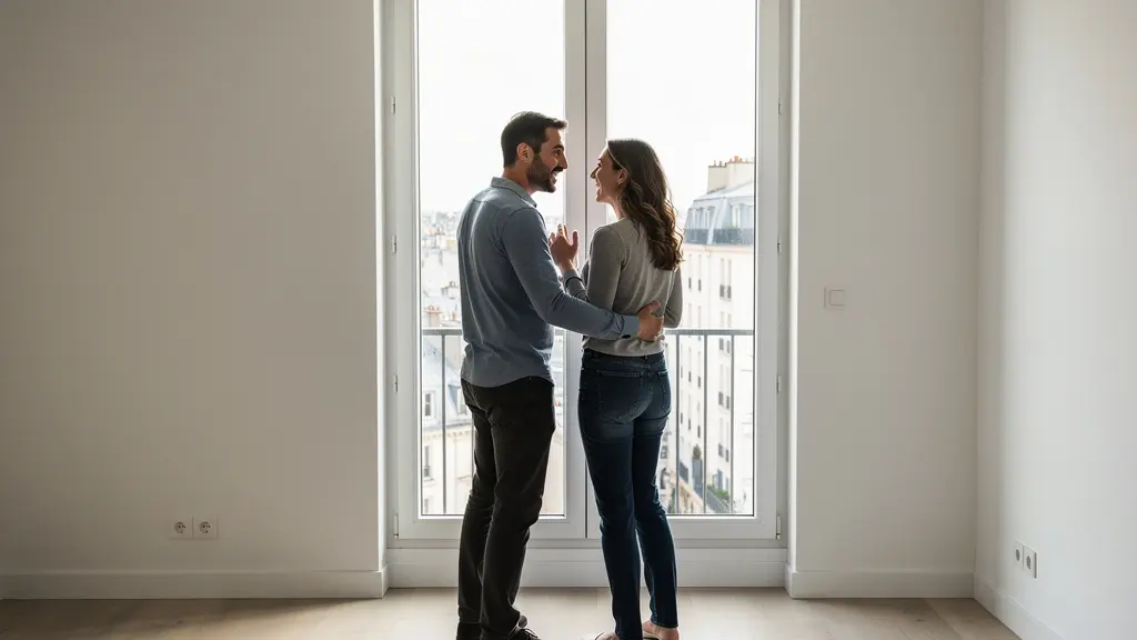 Couple visitant un appartement vide et regardant par la fenêtre en discutant du projet