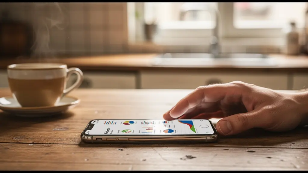 Smartphone affichant une application de simulation de prêt immobilier posé sur une table de cuisine