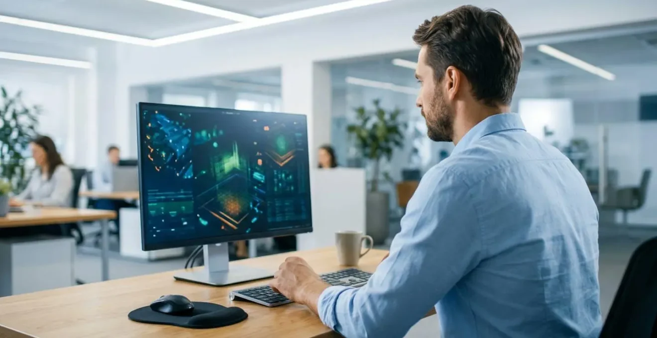 Professionnel analysant des données financières sur écran dans un bureau moderne