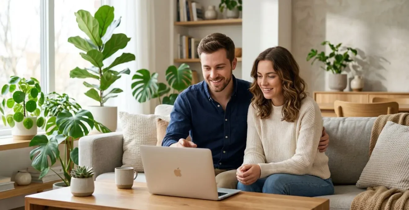 Couple analysant leur capacité d'emprunt immobilier sur ordinateur dans salon lumineux