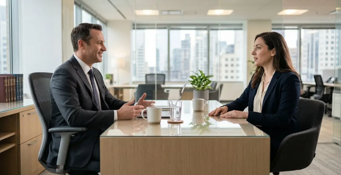Conseiller et client en discussion professionnelle autour d'un bureau moderne