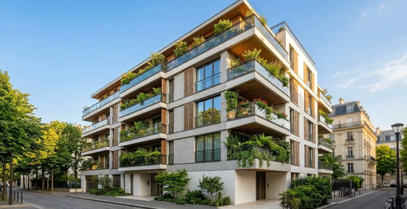 Façade d'immeuble résidentiel moderne avec balcons végétalisés pour achat immobilier