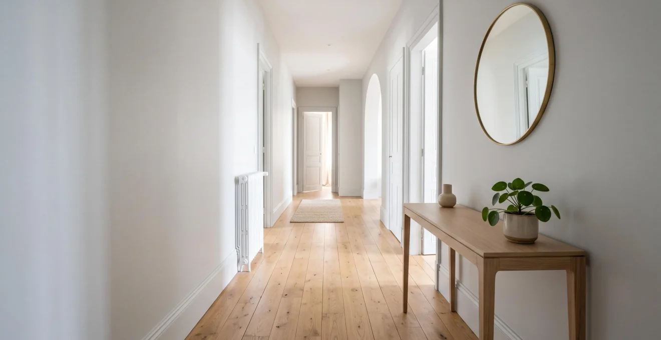 Entrée d'appartement désencombrée et lumineuse après home staging avec murs gris pâle et parquet chêne naturel