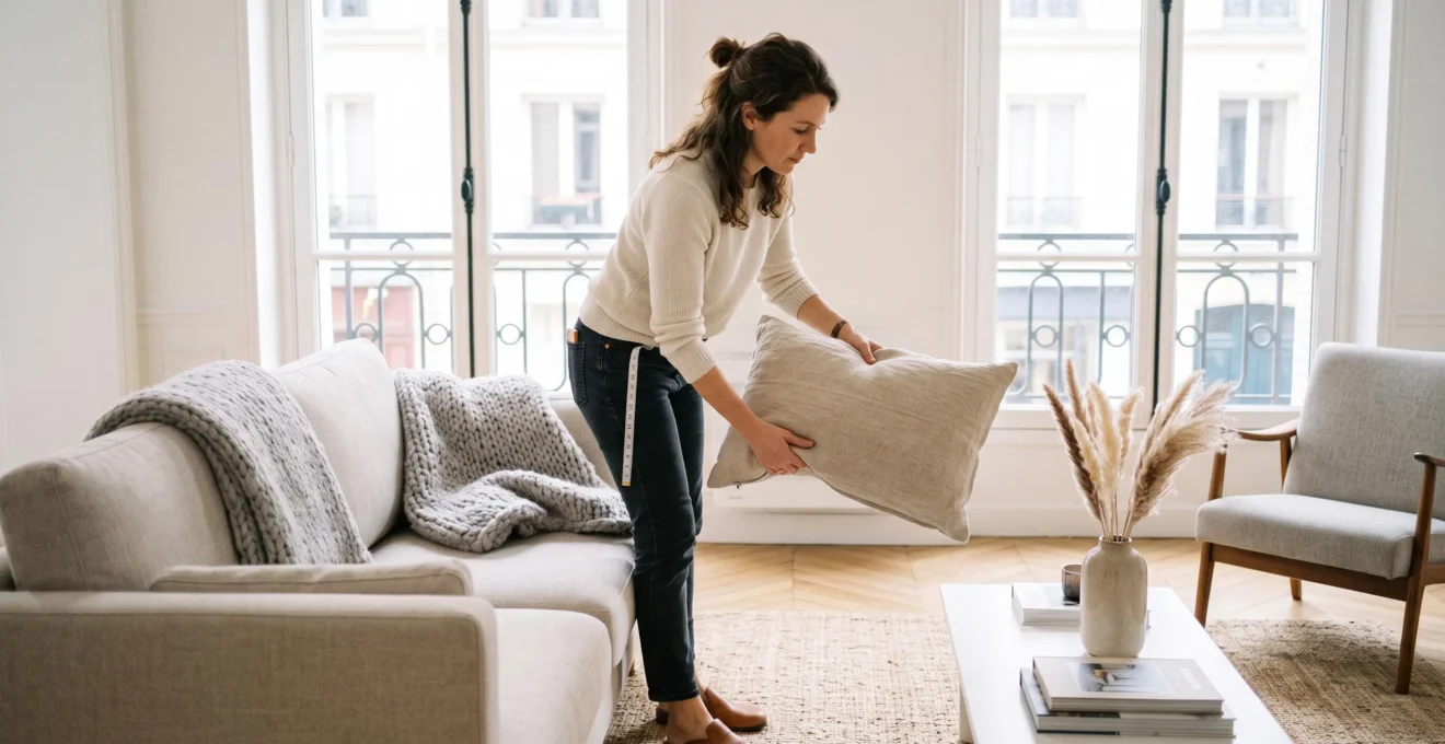 Home stager professionnelle arrangeant des coussins sur un canapé dans un salon lumineux en préparation de vente