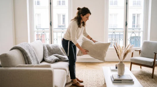 Home stager professionnelle arrangeant des coussins sur un canapé dans un salon lumineux en préparation de vente