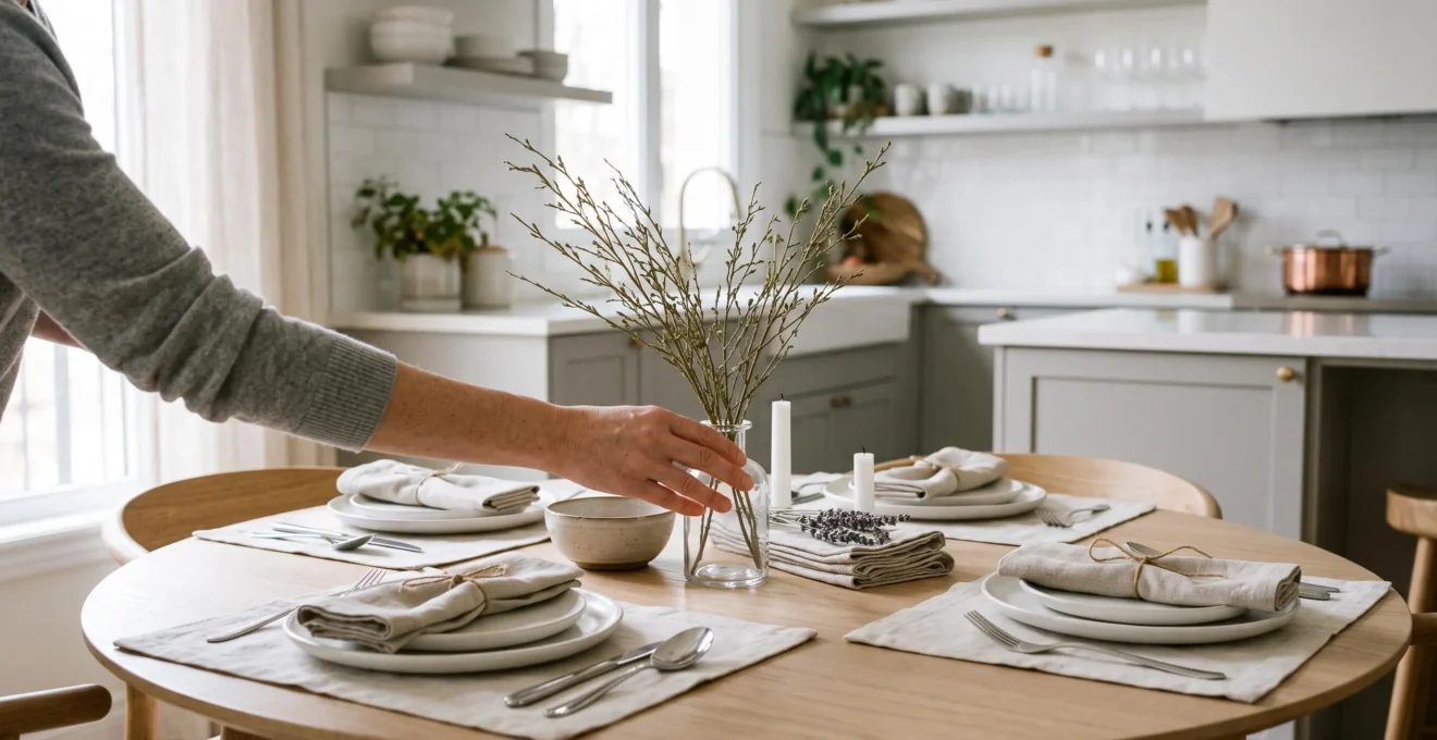 Mains d'une home stager plaçant un vase avec branches séchées sur une table à manger mise en scène avec vaisselle neutre
