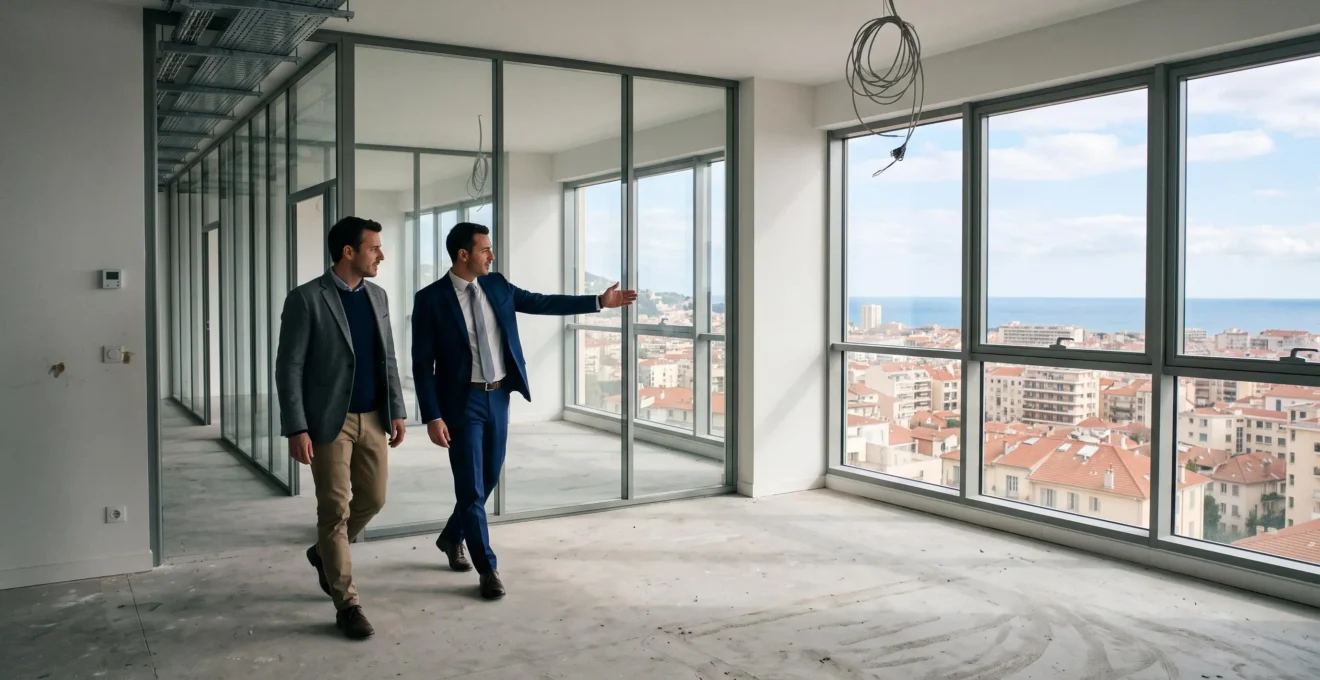 Un agent immobilier et un dirigeant visitent ensemble un bureau vide avec grande baie vitrée donnant sur la ville.