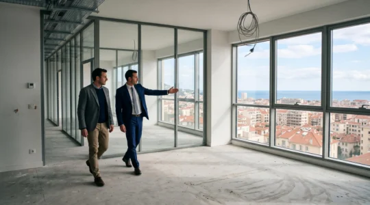 Un agent immobilier et un dirigeant visitent ensemble un bureau vide avec grande baie vitrée donnant sur la ville.