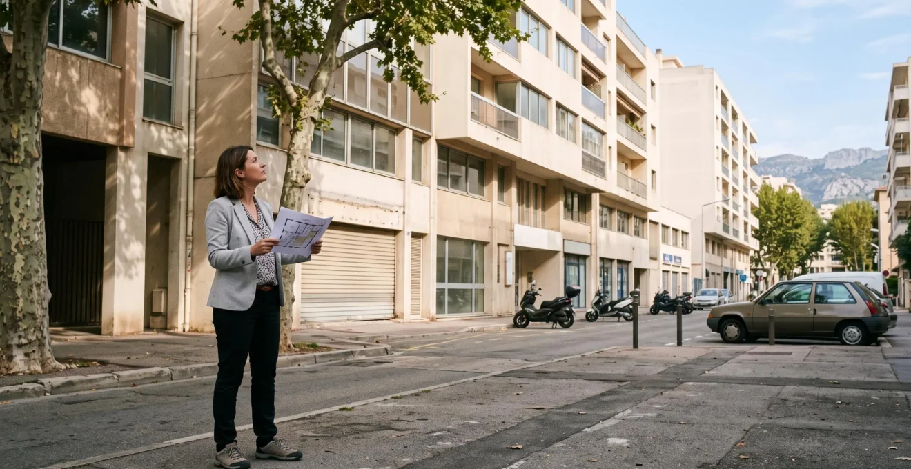Une femme tient un plan imprimé à la main devant des immeubles de bureaux dans une rue des Alpes-Maritimes.